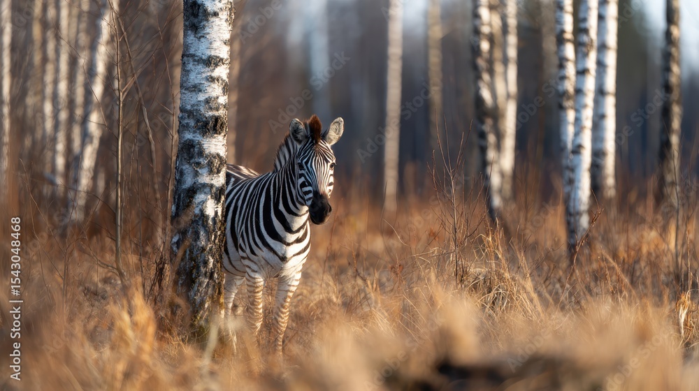 Fototapeta premium A zebra peeks out from behind a birch tree in a serene forest setting, exemplifying the beauty of wildlife and its adaptability to natural environments.