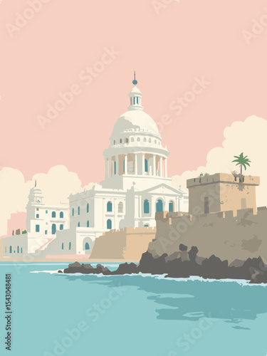Cuba - El Capitolio, Malecón, Castillo del Morro in building white, sea blue, castle stone, and pastel pink