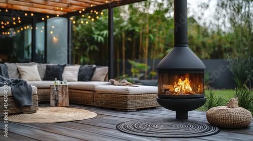 Outdoor patio with fire pit and comfy seating