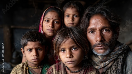 A powerful portrait of a family of five, displaying expressions of resilience and love amidst their surroundings, capturing deep emotional connections and unity.