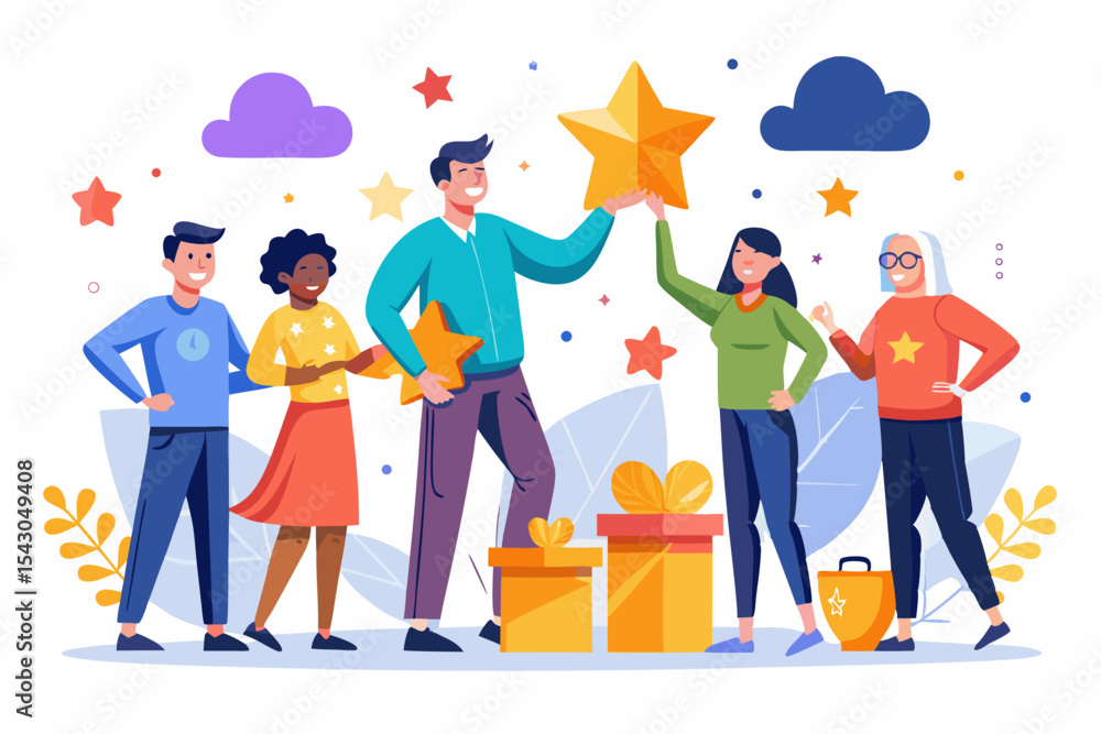 Fototapeta premium A flat vector illustration of five business people holding large golden stars, symbolizing teamwork, customer satisfaction, five-star ratings, and positive reviews.