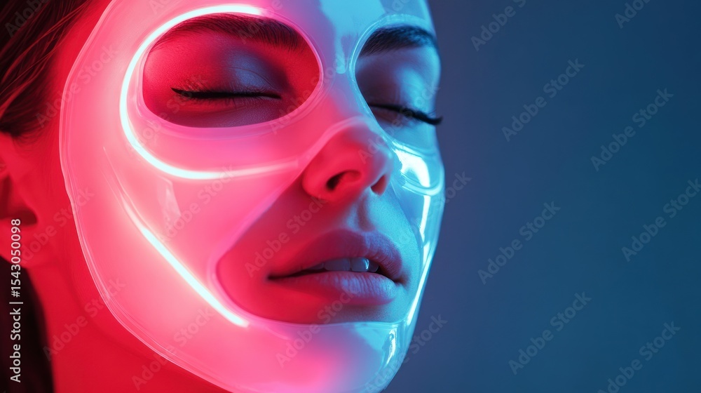 Woman's Face Illuminated by Neon Light Within Futuristic Skincare Mask Woman's Face Illuminated by Neon Light Within Futuristic Skincare Mask