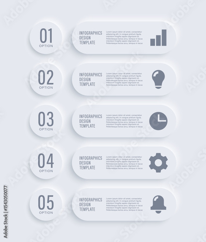 Neumorphism white vertical design infographic template. Five steps or processes infographic layout with icons