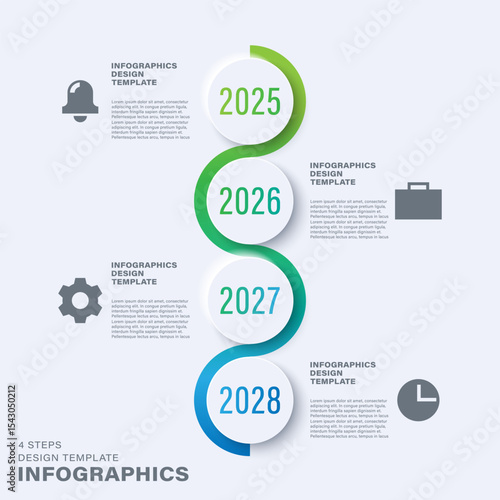 Neumorphism vertical timeline infographic template. White infographic layout with icons and dates