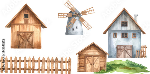 An old Dutch wooden windmill, a traditional agricultural building in the countryside, stands on a hillside under a blue sky.