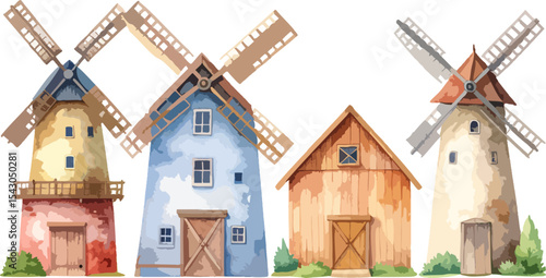An old Dutch wooden windmill, a traditional agricultural building in the countryside, stands on a hillside under a blue sky.