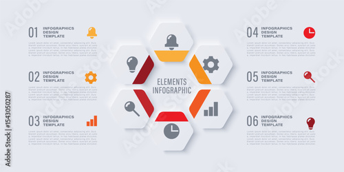 Neumorphism Pie Chart Infographic Template. Six infographic elements with icons and space for data