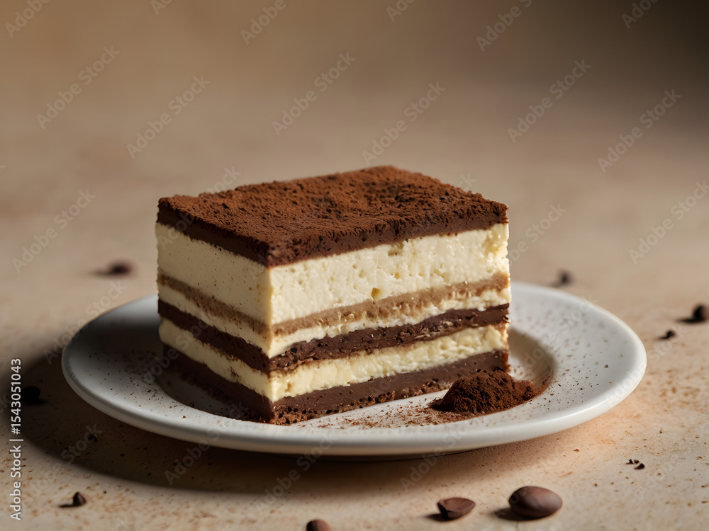 piece of tiramisu cake in a white plate on a brown table piece of tiramisu cake in a white plate on a brown table