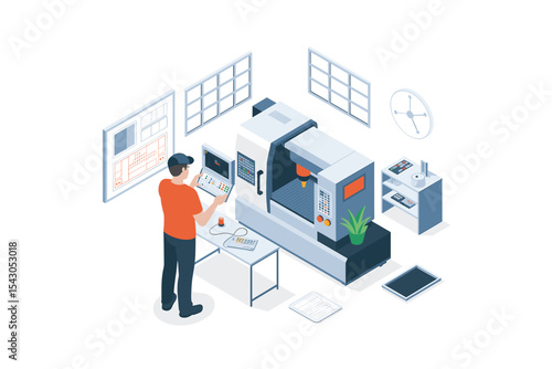 Isometric view of a CNC milling machine and engineer controlling it.