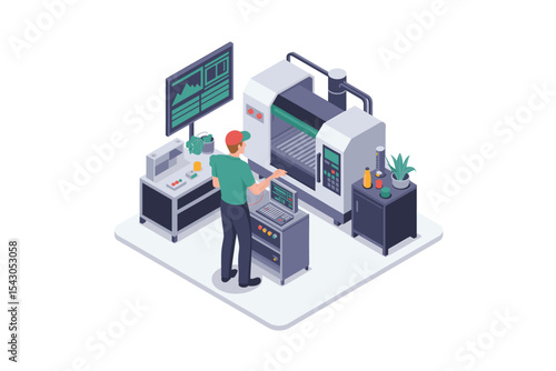Isometric CNC Machine Operation: Manufacturing Worker, Computer Controls, and Precision Machining