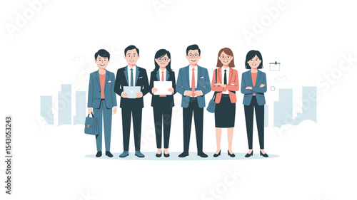 Diverse Business Team Illustration: Professionals in Suits Standing Together in the City