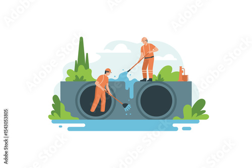 Sewer Workers Cleaning Drain Pipes Illustration