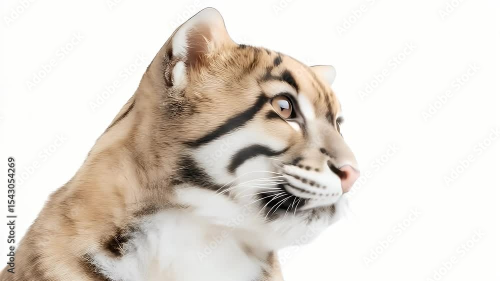 Close Up Ocelot Portrait on White Background Furry Wildcat Staring at Camera Close Up Ocelot Portrait on White Background Furry Wildcat Staring at Camera