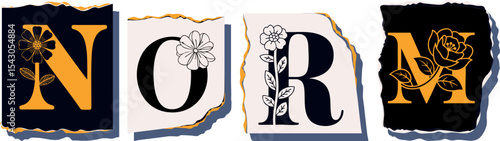 NORM Floral Typography of a Concept Word � Elegant Torn Paper Letter Design