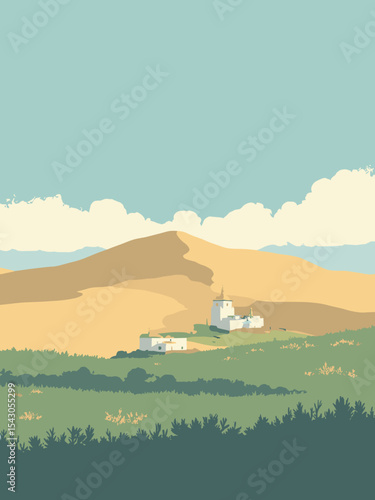 Mongolia - Gobi Desert dunes, Terelj National Park, Erdene Zuu Monastery in dune gold, park green, monastery white, and sky blue