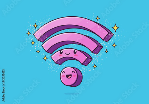 Cute anthropomorphic Wifi icon with smiling faces sparkles and a light blue background