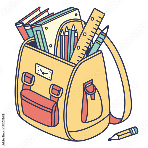 Adorable colorful school backpack filled with books pencils and school supplies