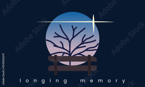 Longing Memory. Emotional landscape vector featuring bare tree, fence, and soft gradient sky with “longing memory” text in a serene night setting.