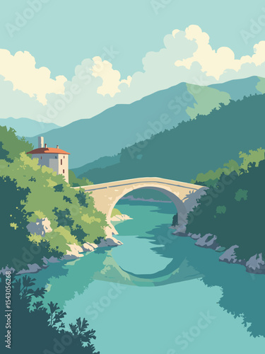 Macedonia - Ohrid Lake, Skopje Stone Bridge, Matka Canyon in lake teal, bridge stone, canyon green, and sky blue
