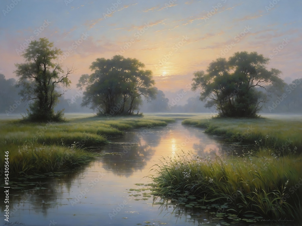 Obraz premium Early morning mist rising from a winding river, soft light and warm tones