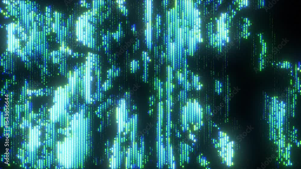 4K Vertical glitch distortion with icy blue-green digital streaks and CRT scanlines, pixel fragmentation and analog flicker for motion graphics overlay, screen mode, part of abstract glitch transition