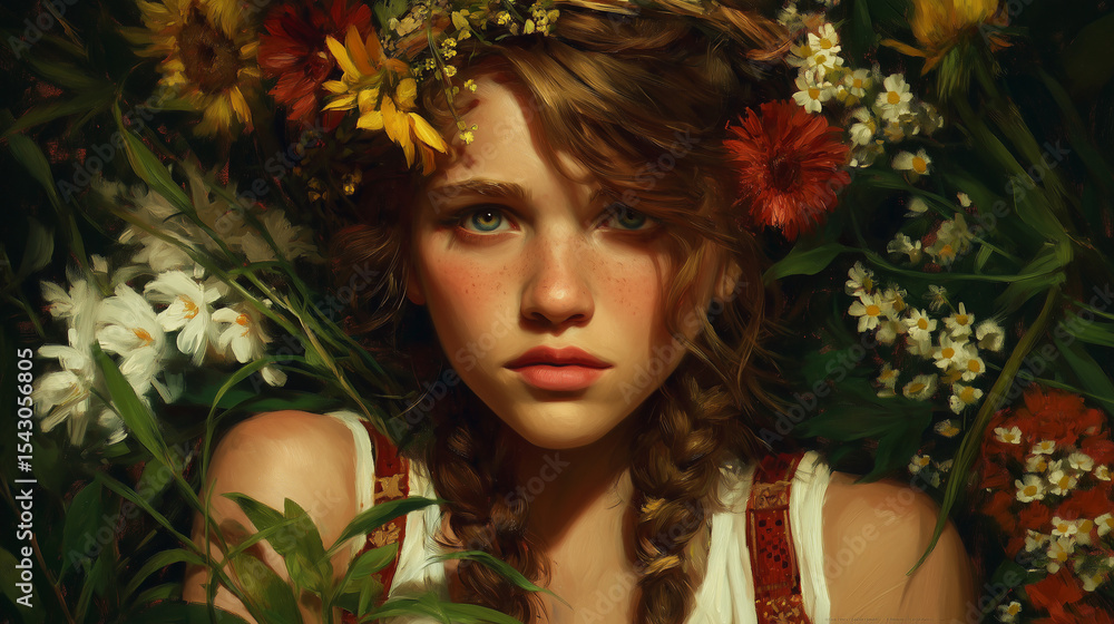 Oil portrait girl with Flower wreath midsummer generative ai Oil portrait girl with Flower wreath midsummer generative ai