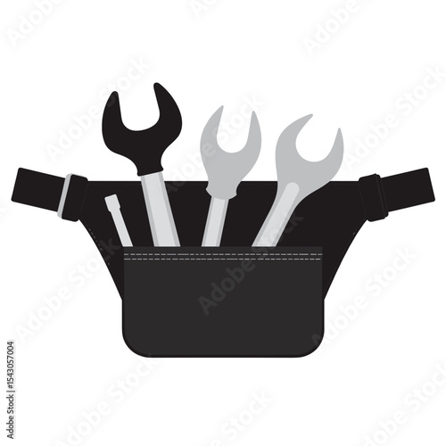 Black tool belt with metal wrenches and screwdriver protruding from pocket on white background, symbol of construction readiness and manual labor tools