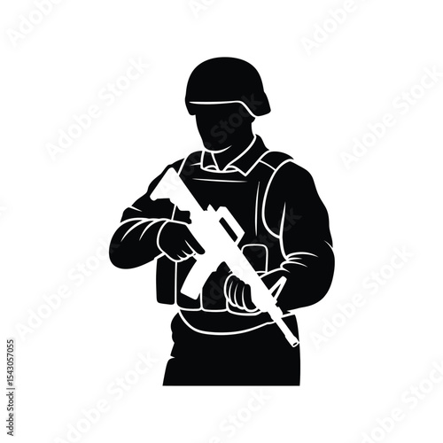 Black Silhouette Soldier Holding Assault Rifle white