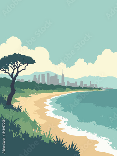 Gabon - Lope National Park, Pongara Beach, Libreville skyline in park green, beach sand, skyline grey, and canopy teal