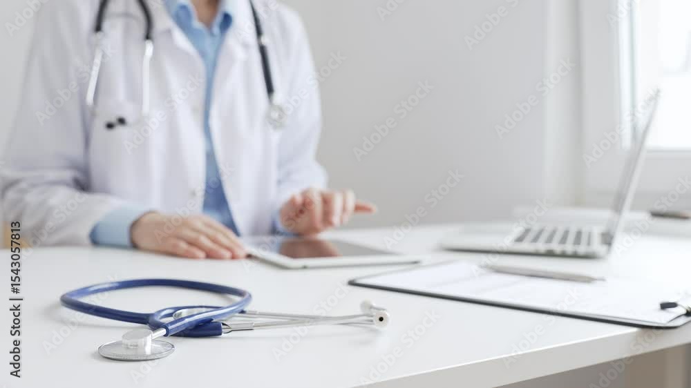 Closeup of blue stethoscope is lying on the table near female doctor using a digital tablet and patient chart on the desk in a modern medical office, representing healthcare technology. Medicine Closeup of blue stethoscope is lying on the table near female doctor using a digital tablet and patient chart on the desk in a modern medical office, representing healthcare technology. Medicine