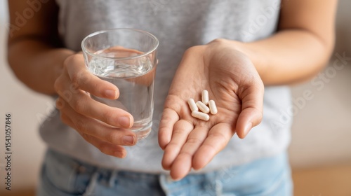 A woman holds a glass of water in one hand and a few white pills in the other, prepa to take her medication for health maintenance and wellness today.