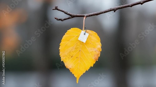 Vibrant yellow leaf hanging from a branch in a blurred autumn park setting