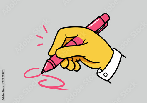 Yellow skinned hand writes with a pink marker on a light gray surface