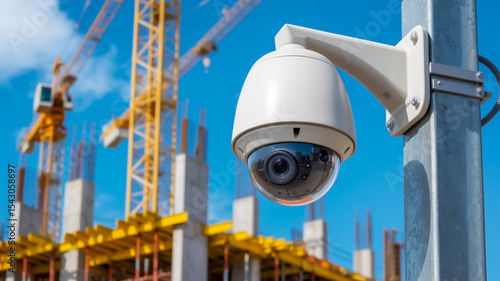 A close-up photograph of a modern white security camera mounted on a metal pole against a construction site background .
