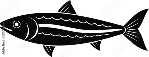 Monochrome illustration of a sleek swimming fish with stylized details