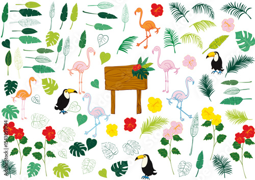 夏にぴったりの南国素材セット Summer Tropical Set with Leaves and Birds