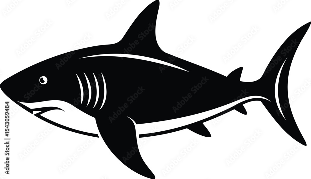 Fototapeta premium Elegant black and white silhouette of a great white shark isolated on white