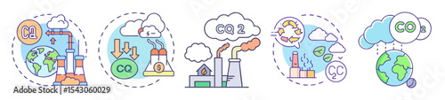 Illustrated concepts of carbon dioxide pollution, capture, reduction and carbon cycle