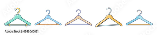 Cartoon illustration of five colorful clothes hangers isolated on a white background