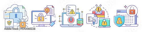 Illustrations depicting various aspects of digital security and data protection measures