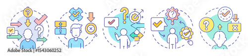 Illustrations depicting a problem solving or decision making process visually explained