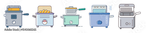 Collection of stylized deep fryers for domestic or restaurant use in vector illustration