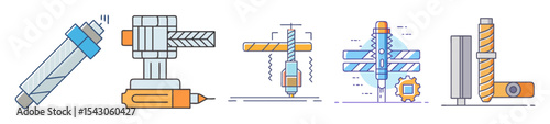 Illustrations of diverse manufacturing or engineering machine and tool processes visualized nicely