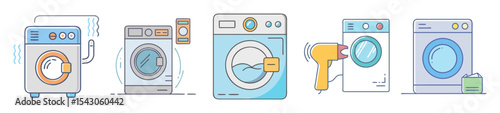 Collection of colorful washing machines with various features and drying methods