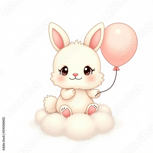 Cute Baby Bunny on Cloud with Balloon – Kawaii Nursery Art

