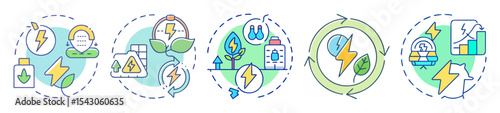 Diverse icon set depicting renewable energy sources and environmentally conscious practices