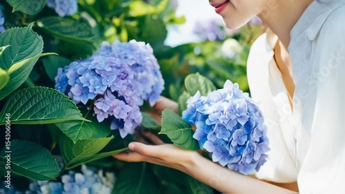 紫陽花に微笑む女性の癒しのワンシーン