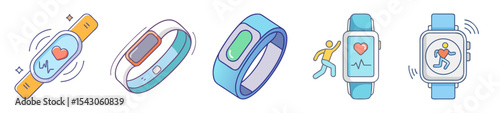 Cartoon illustration of different types of fitness trackers and smartwatches for wellness