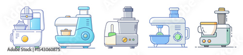 Collection of five different styles of modern kitchen food processors and mixers