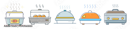 Various cartoonstyle food warmers or hot pot appliances with lids and steam